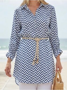 Tuckernuck Oliphant Blue & White Geometric Lightweight Coastal Tunic Blouse XL